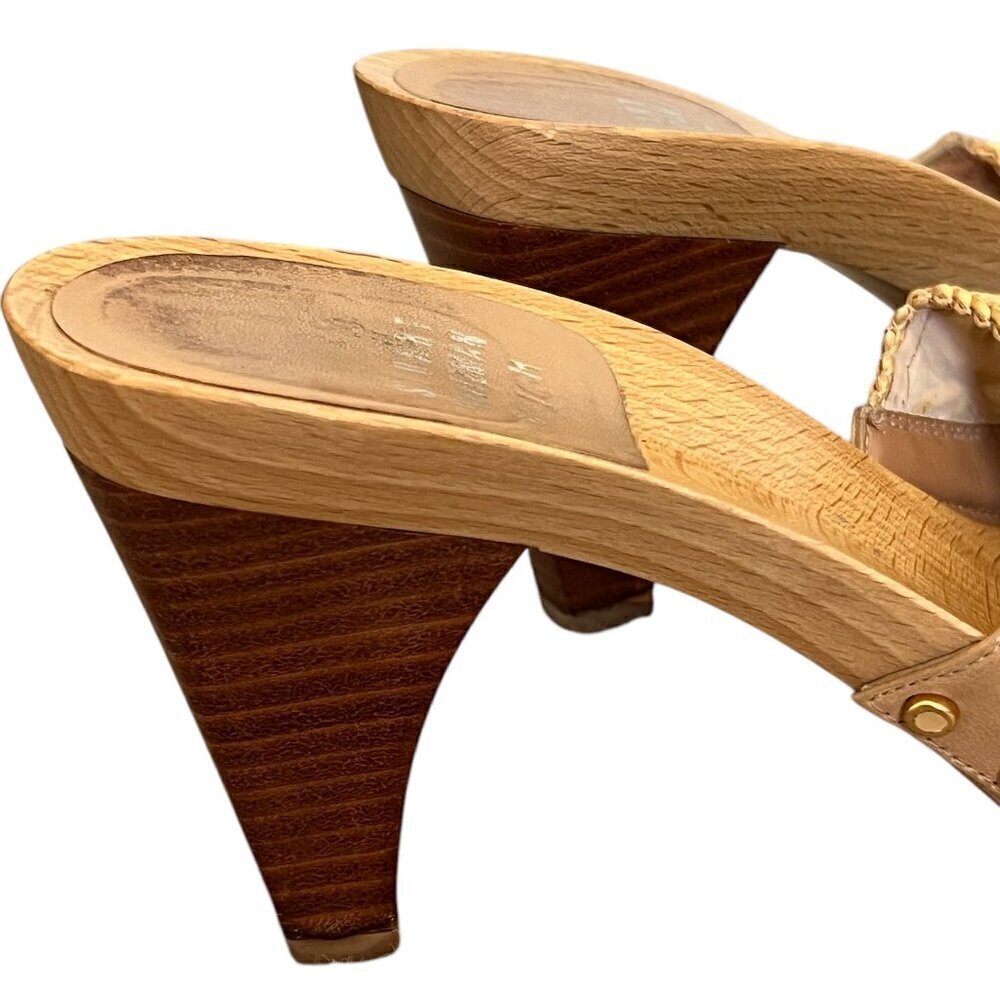 Stuart Weitzman Woven Leather Slide Sandals Wooden Heel Tan 8M Coastal Resort - Picture 6 of 8